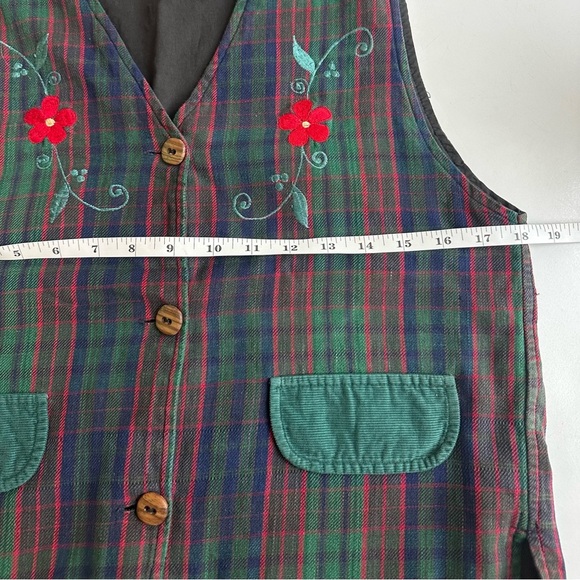 Vintage Plaid Floral Button Up Vest Green Red Blue Flowers Cotton Pockets Small - Picture 4 of 6
